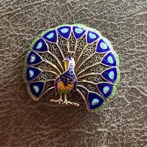 Vintage Peacock Brooch Pin Vermeil Enamel Filigree Made in Portugal